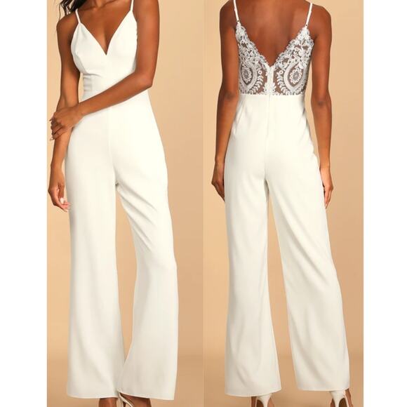 LULU'S XS Follow My Heart Ivory Lace Sleeveless Wide-Leg Jumpsuit *flaw B34 - Picture 1 of 10